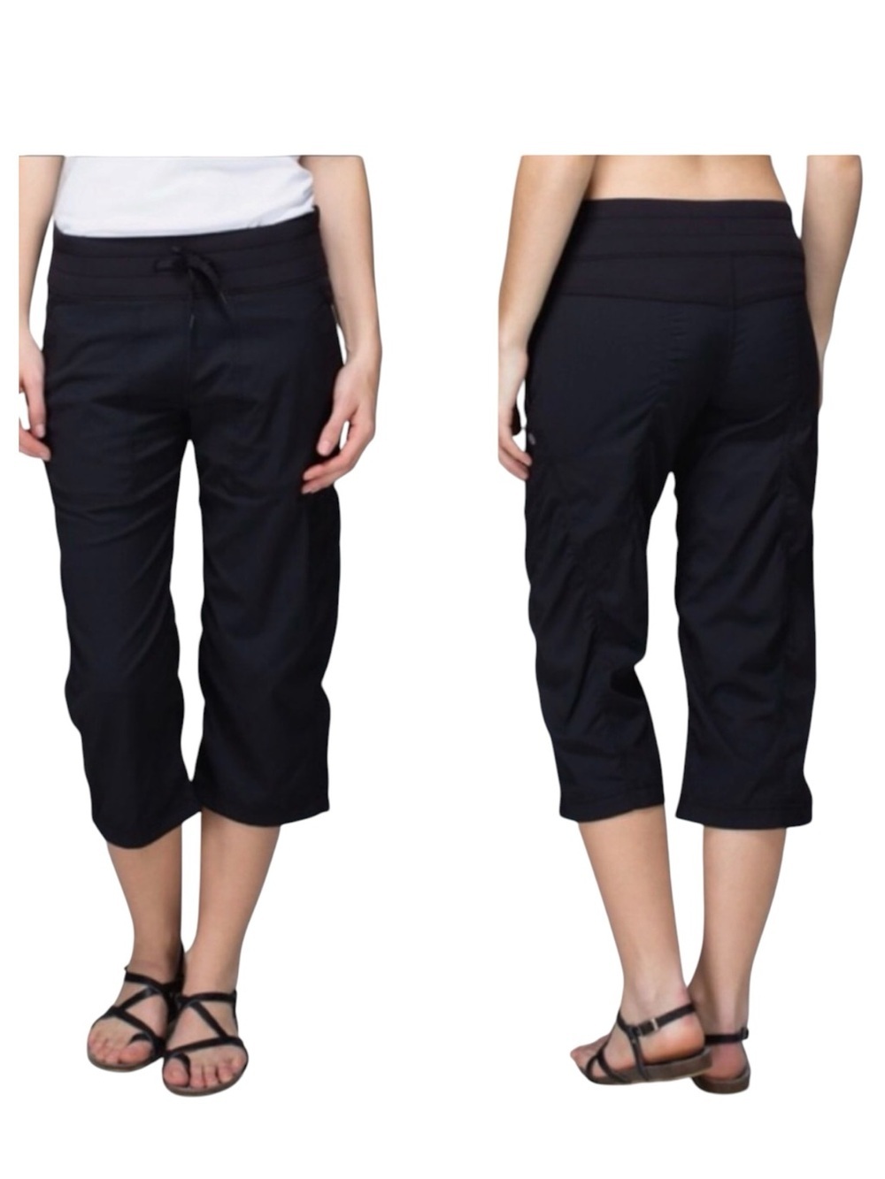 LULULEMON Studio Crop Pants 6 Drawcord Waist Leg Hem Pockets Black Stretch Swift